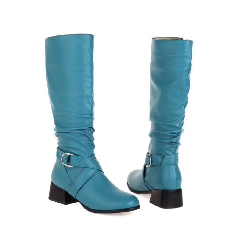 blue Women's low block heels knee high riding boots