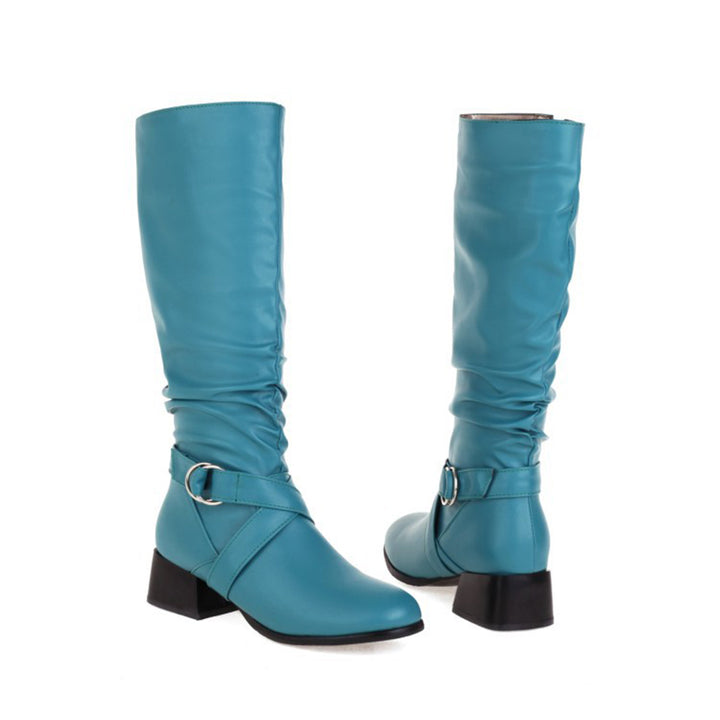 blue Women's low block heels knee high riding boots