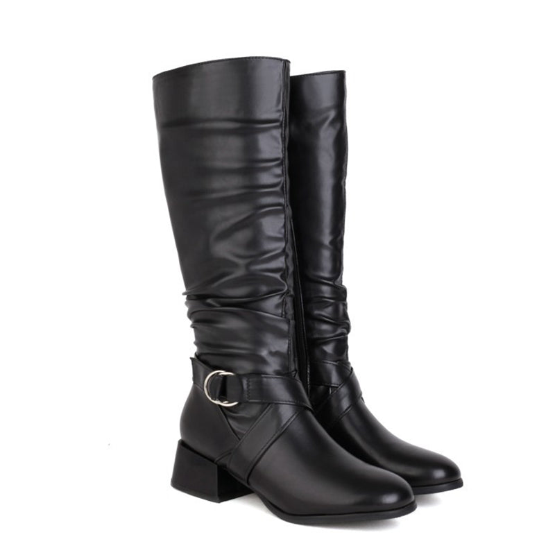 black Women's low block heels knee high riding boots