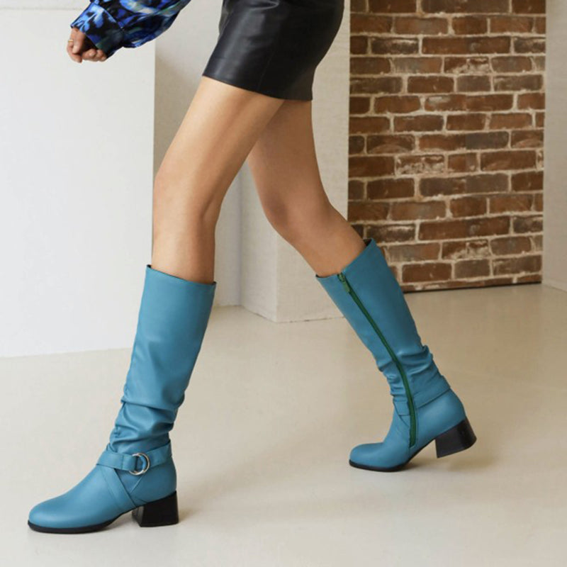 blue Women's low block heels knee high riding boots