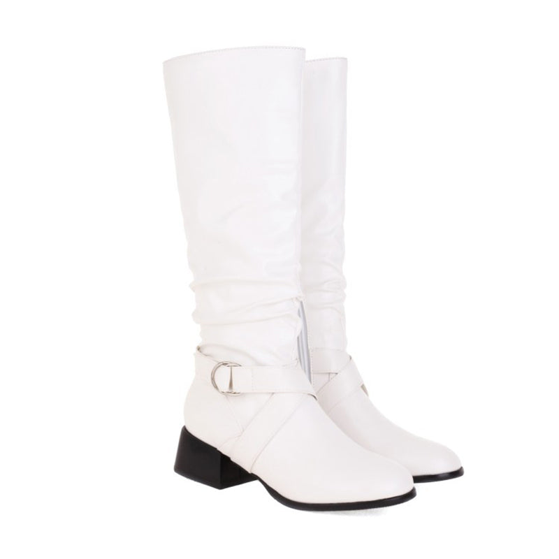 white Women's low block heels knee high riding boots