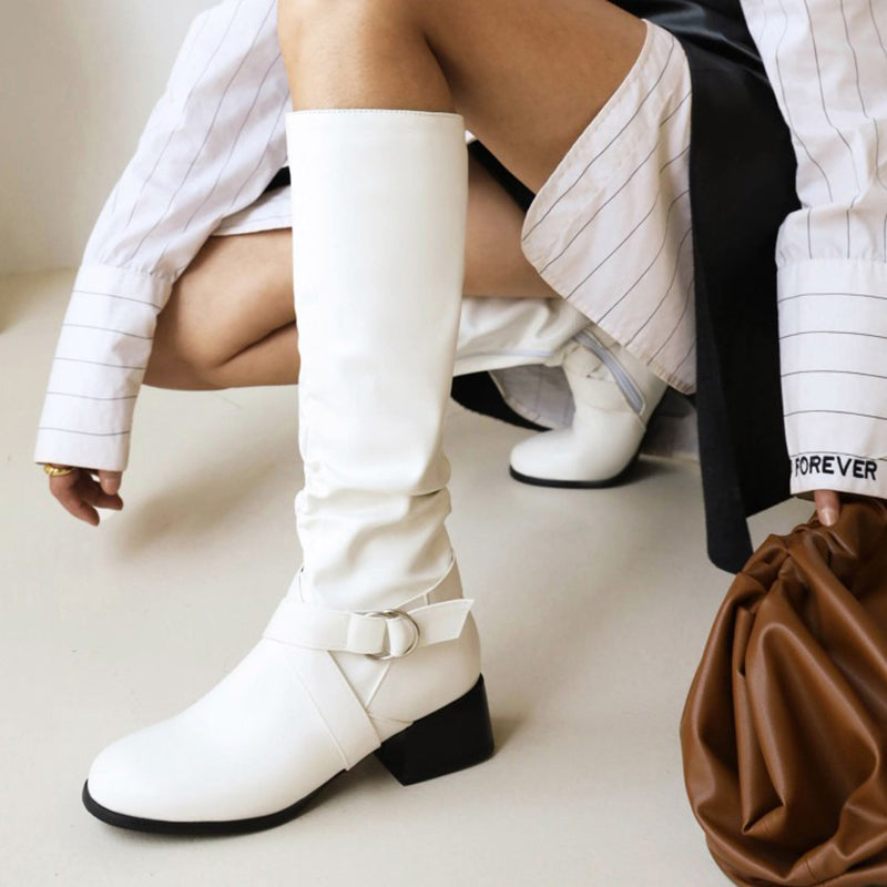 white Women's low block heels knee high riding boots