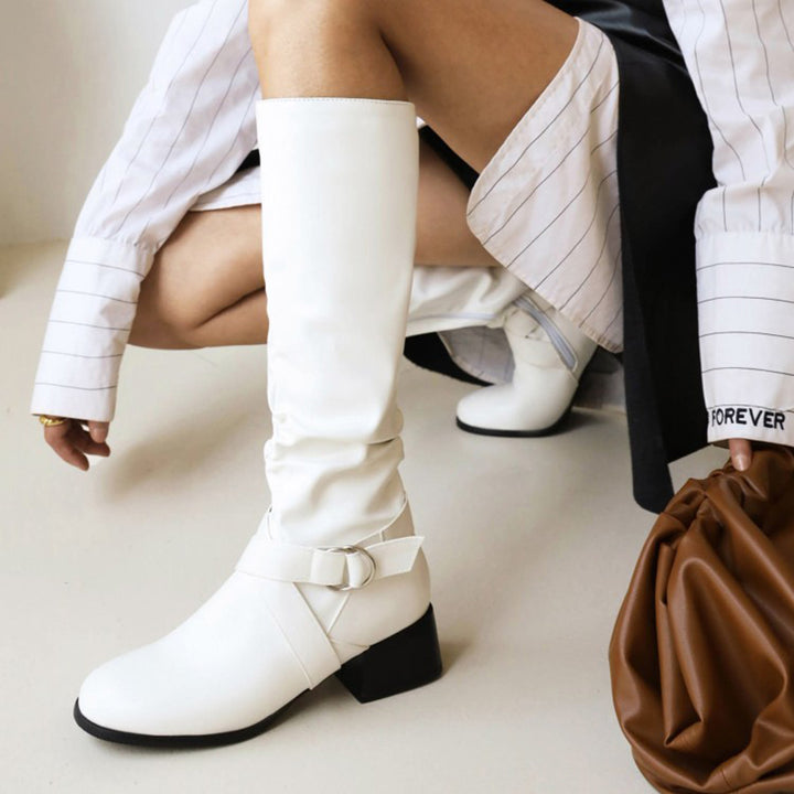 white Women's low block heels knee high riding boots