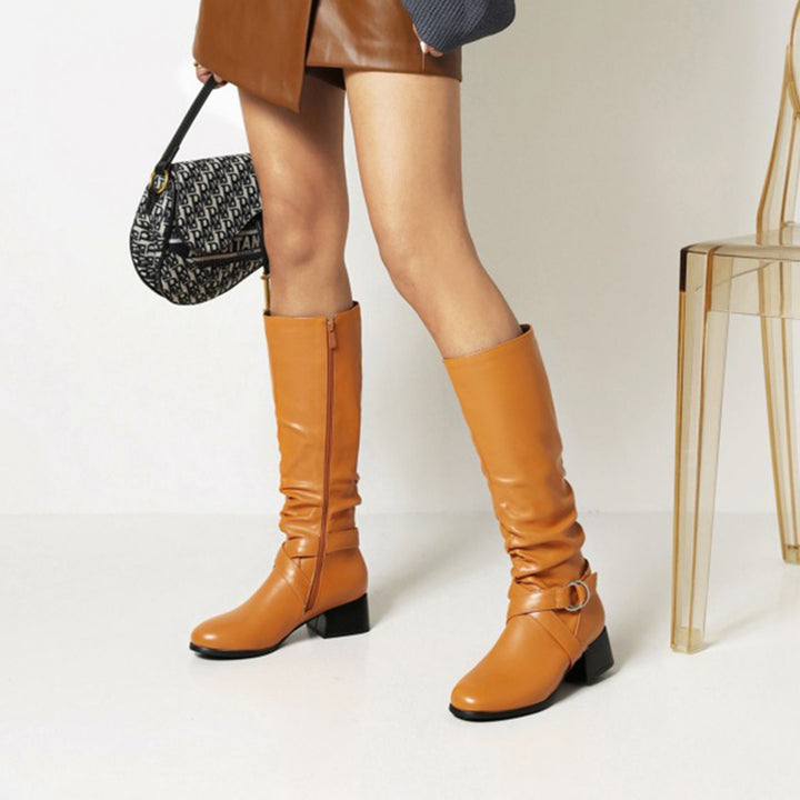 orange Women's low block heels knee high riding boots