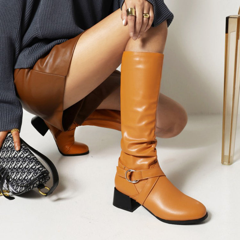orange Women's low block heels knee high riding boots