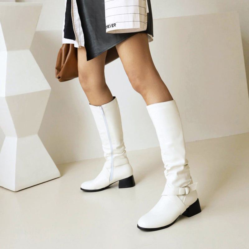 white Women's low block heels knee high riding boots