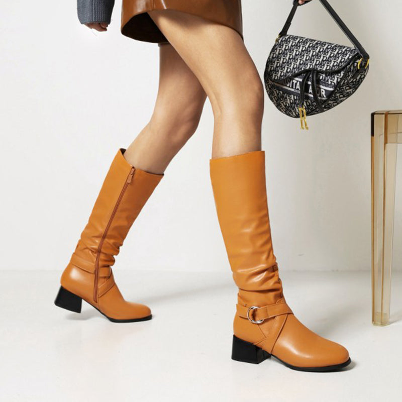 orange Women's low block heels knee high riding boots