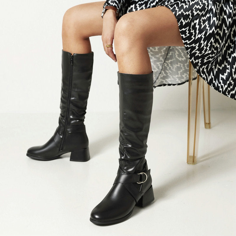 Women's low block heels knee high riding boots