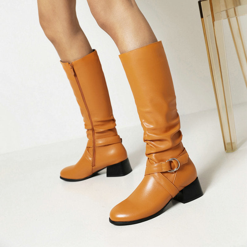 Women's low block heels knee high riding boots