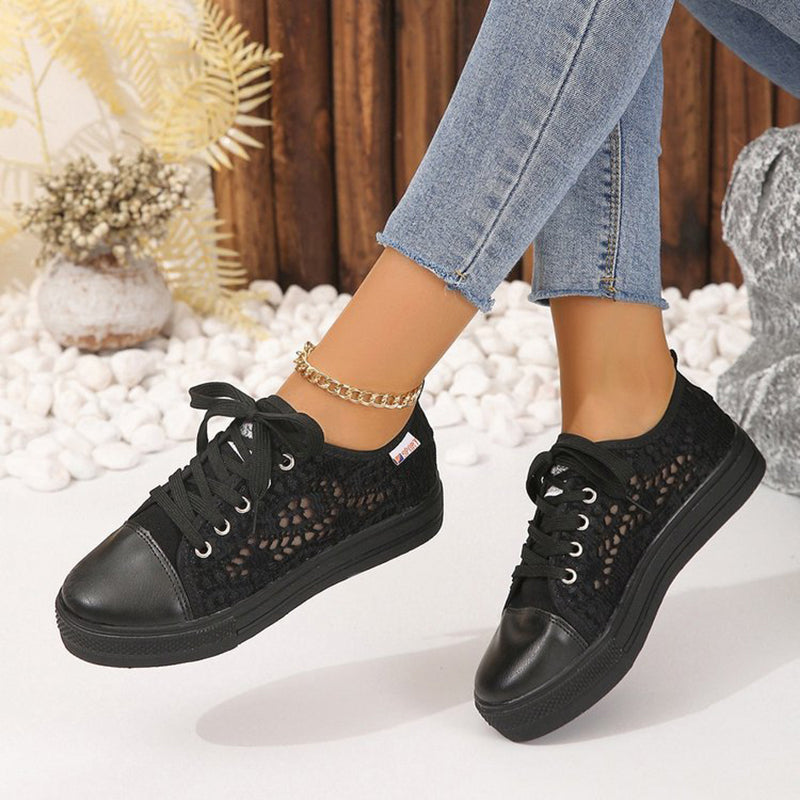 black Women's mesh lace breathable platform sneakers for summer spring