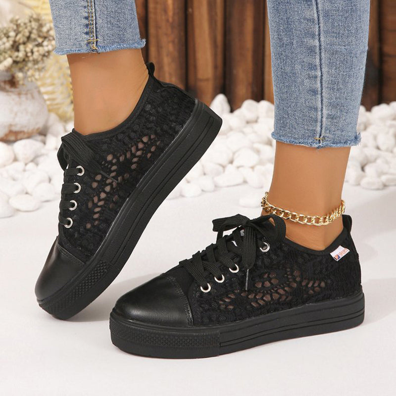 black Women's mesh lace breathable platform sneakers for summer spring