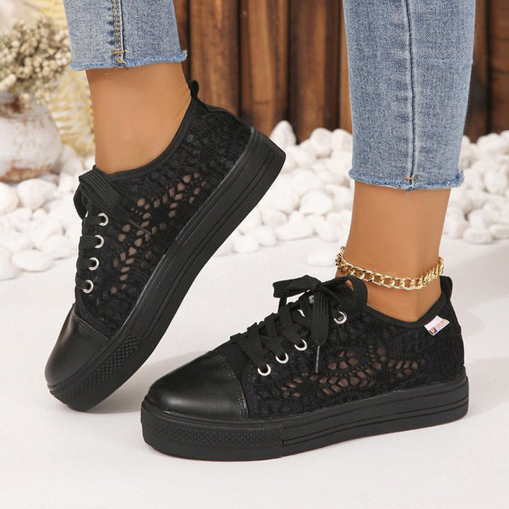 black Women's mesh lace breathable platform sneakers for summer spring