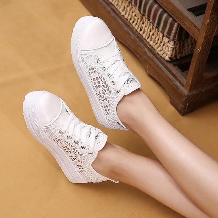 white Women's mesh lace breathable platform sneakers for summer spring
