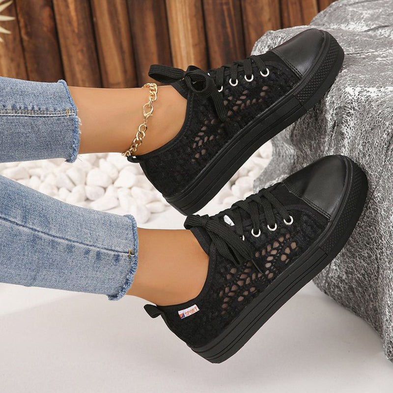 black Women's mesh lace breathable platform sneakers for summer spring