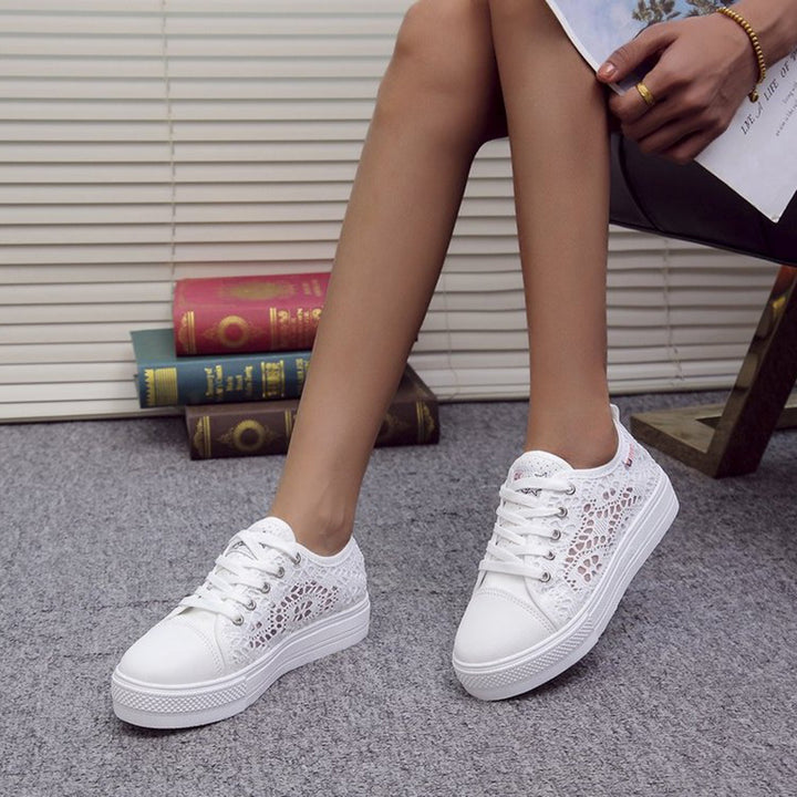white Women's mesh lace breathable platform sneakers for summer spring