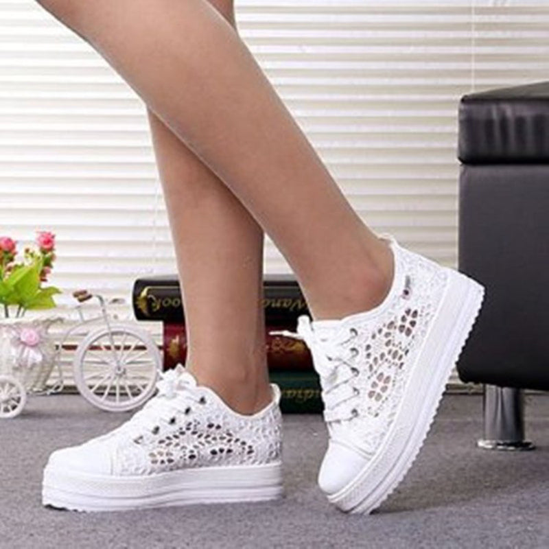 white Women's mesh lace breathable platform sneakers for summer spring