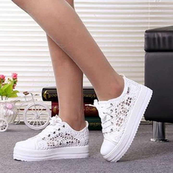 white Women's mesh lace breathable platform sneakers for summer spring