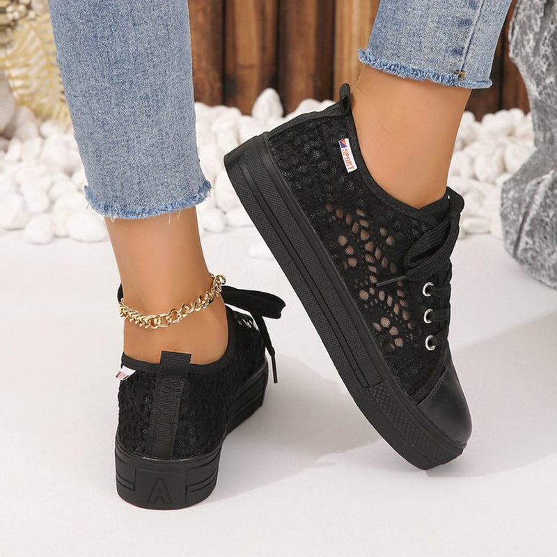 black Women's mesh lace breathable platform sneakers for summer spring