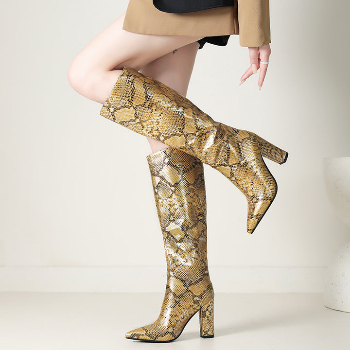 gold Women's metallic snakeskin pattern knee high boots