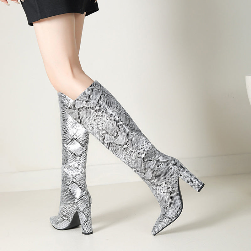 silver Women's metallic snakeskin pattern knee high boots