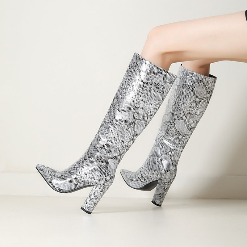 silver Women's metallic snakeskin pattern knee high boots