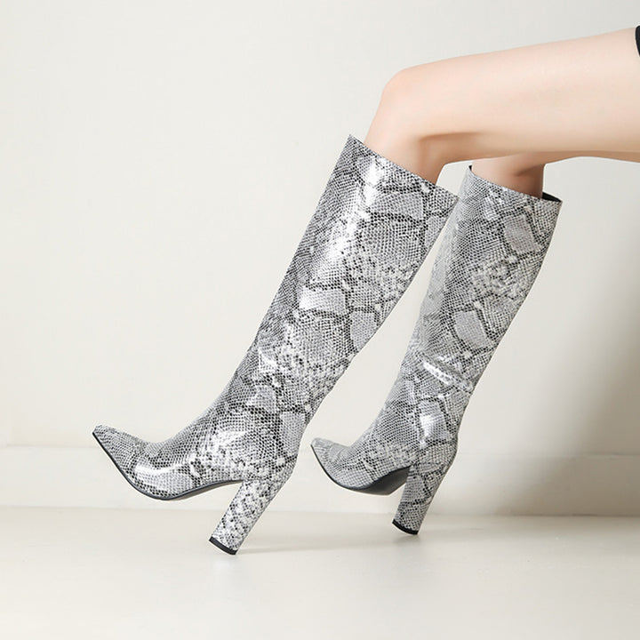 silver Women's metallic snakeskin pattern knee high boots