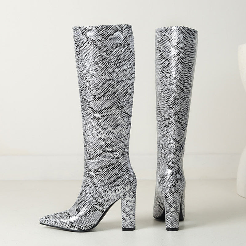 silver Women's metallic snakeskin pattern knee high boots