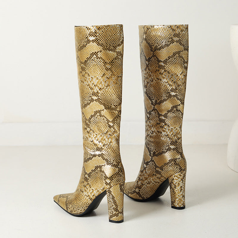 gold Women's metallic snakeskin pattern knee high boots