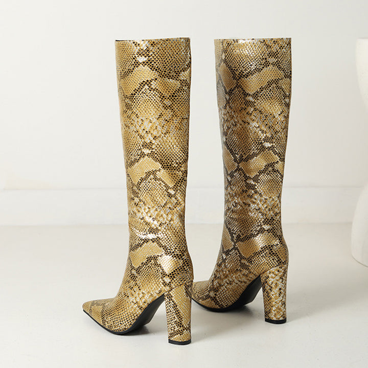 gold Women's metallic snakeskin pattern knee high boots