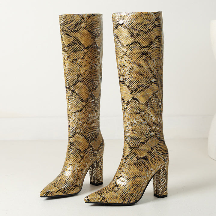 gold Women's metallic snakeskin pattern knee high boots