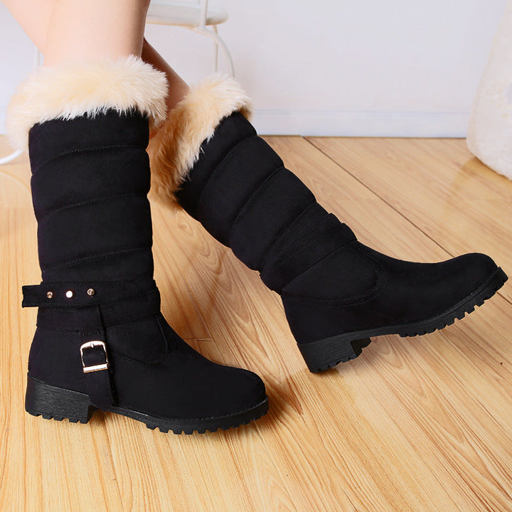 Women's mid calf snow boots with fuzzy trim