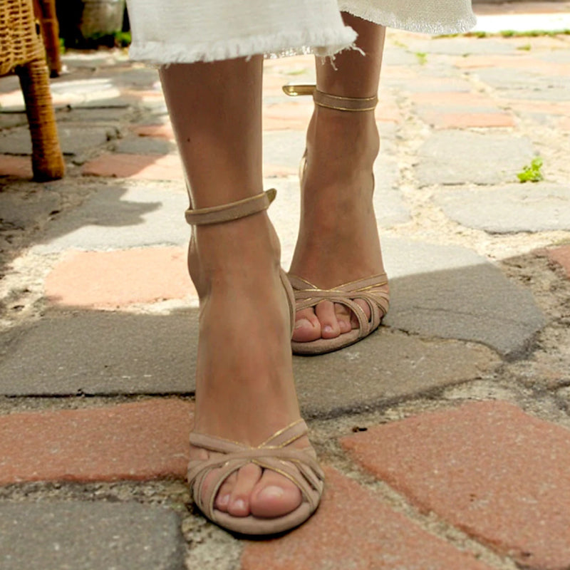 Women's nude apricot faux suede caged peep toe sandals