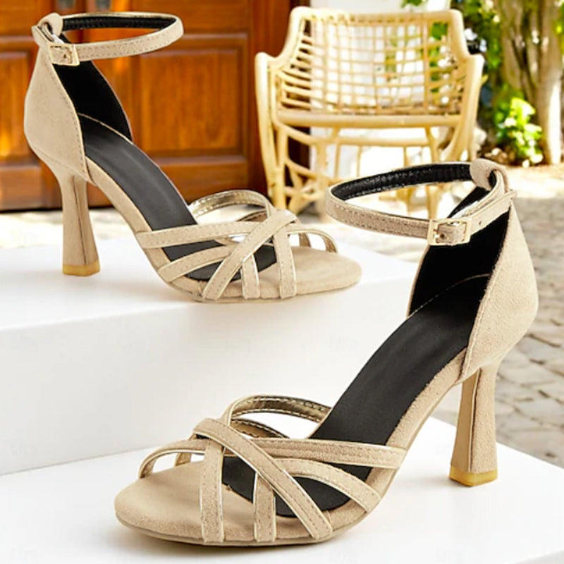 Women's nude apricot faux suede caged peep toe sandals