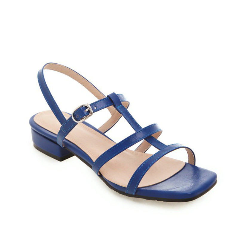 blue Women's open square toe chunky mid heels gladiator sandals