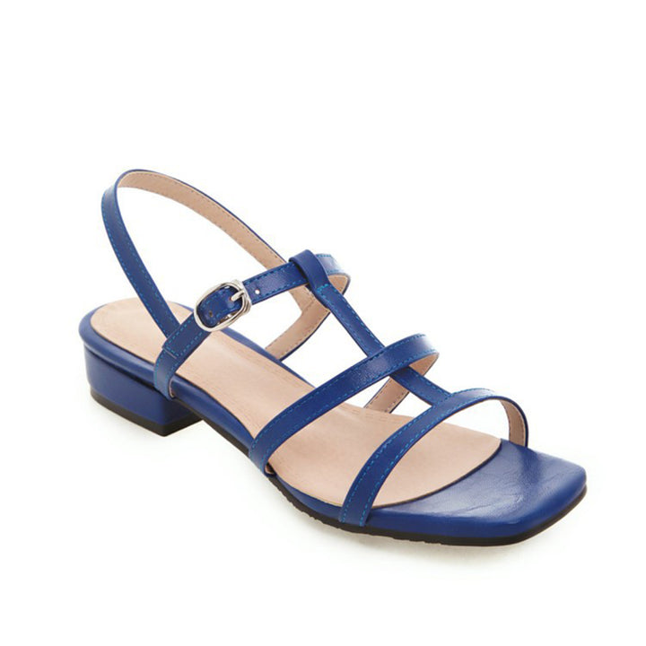 blue Women's open square toe chunky mid heels gladiator sandals