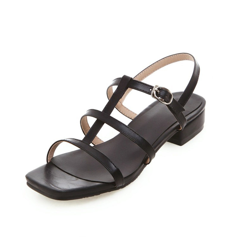 black Women's open square toe chunky mid heels gladiator sandals