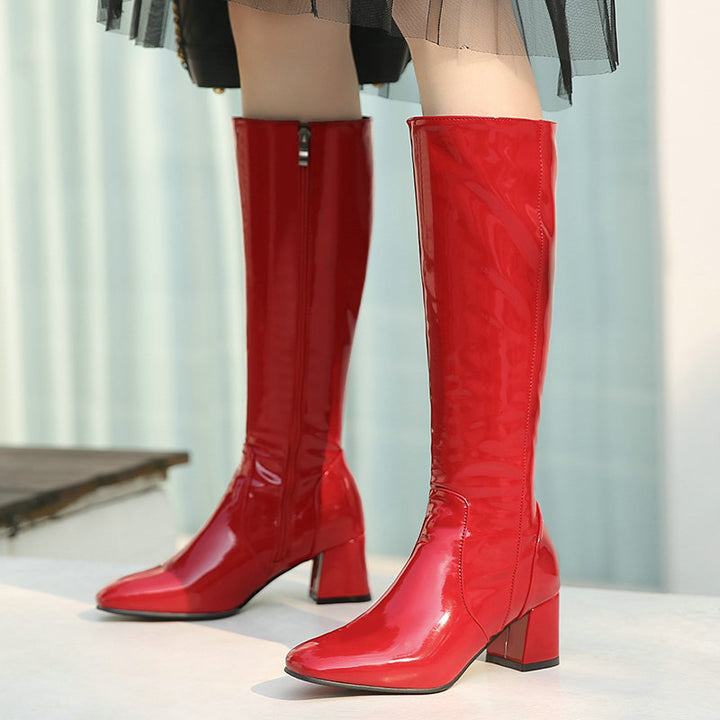 Women's patent leather knee high boots block heels