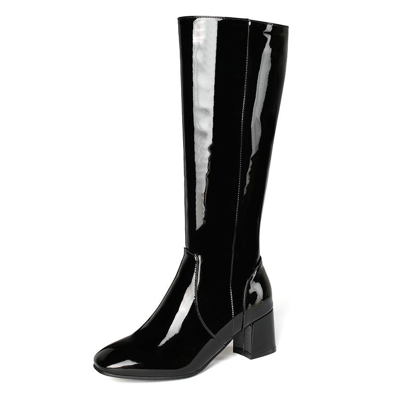 Women's patent leather knee high boots block heels