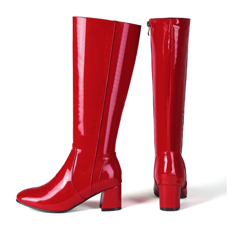 Women's patent leather knee high boots block heels