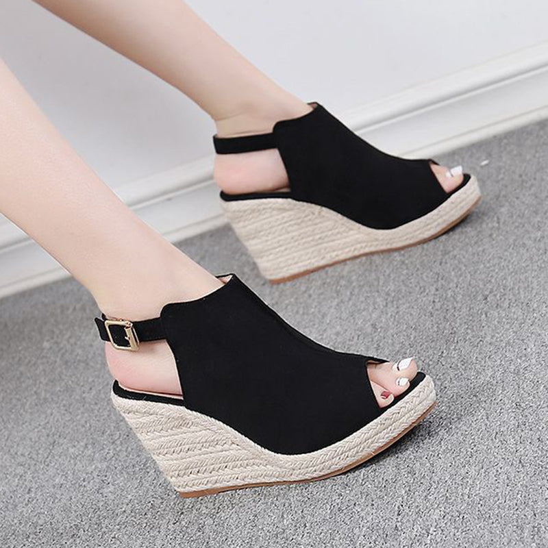 black Chic Peep-Toe Wedge Sandals for Women – Adjustable Buckle Strap & Arch Support for Summer Outings