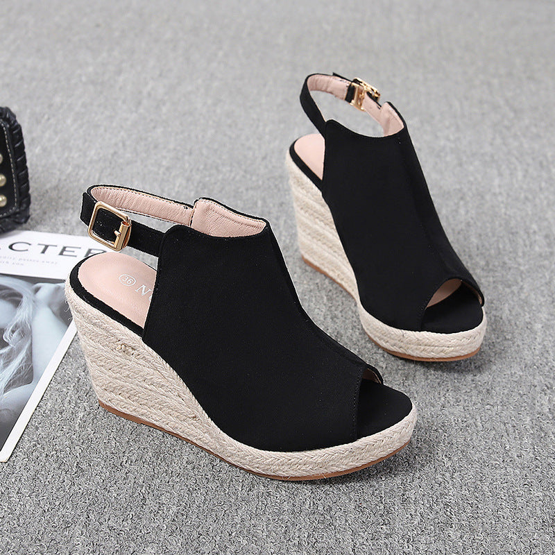 Chic Peep-Toe Wedge Sandals for Women – Adjustable Buckle Strap & Arch Support for Summer Outings