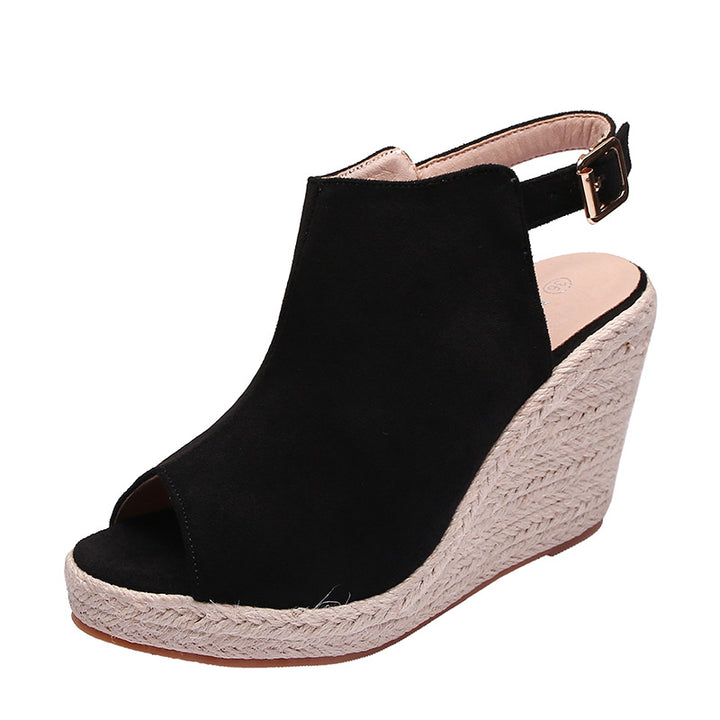 black Chic Peep-Toe Wedge Sandals for Women – Adjustable Buckle Strap & Arch Support for Summer Outings