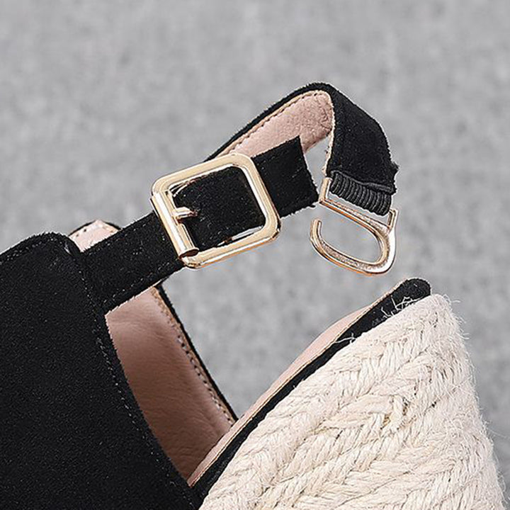 black Chic Peep-Toe Wedge Sandals for Women – Adjustable Buckle Strap & Arch Support for Summer Outings