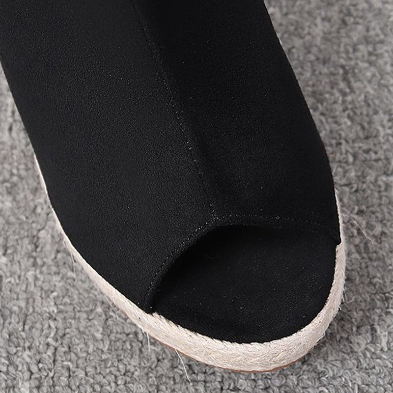 black Chic Peep-Toe Wedge Sandals for Women – Adjustable Buckle Strap & Arch Support for Summer Outings