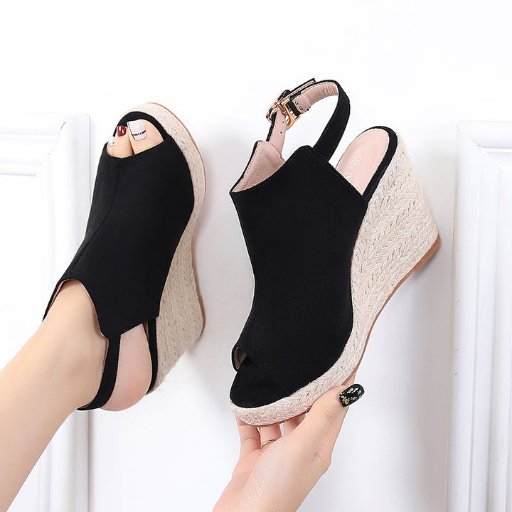 black Chic Peep-Toe Wedge Sandals for Women – Adjustable Buckle Strap & Arch Support for Summer Outings