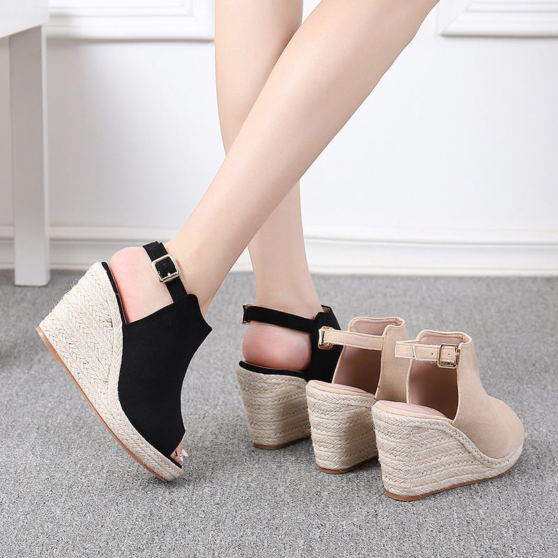 black Chic Peep-Toe Wedge Sandals for Women – Adjustable Buckle Strap & Arch Support for Summer Outings