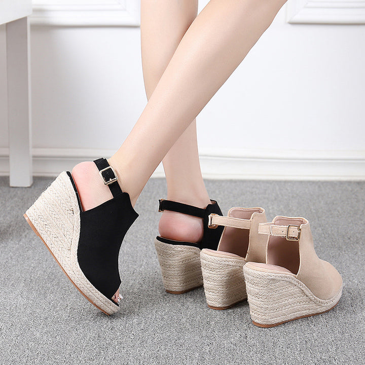 black Chic Peep-Toe Wedge Sandals for Women – Adjustable Buckle Strap & Arch Support for Summer Outings
