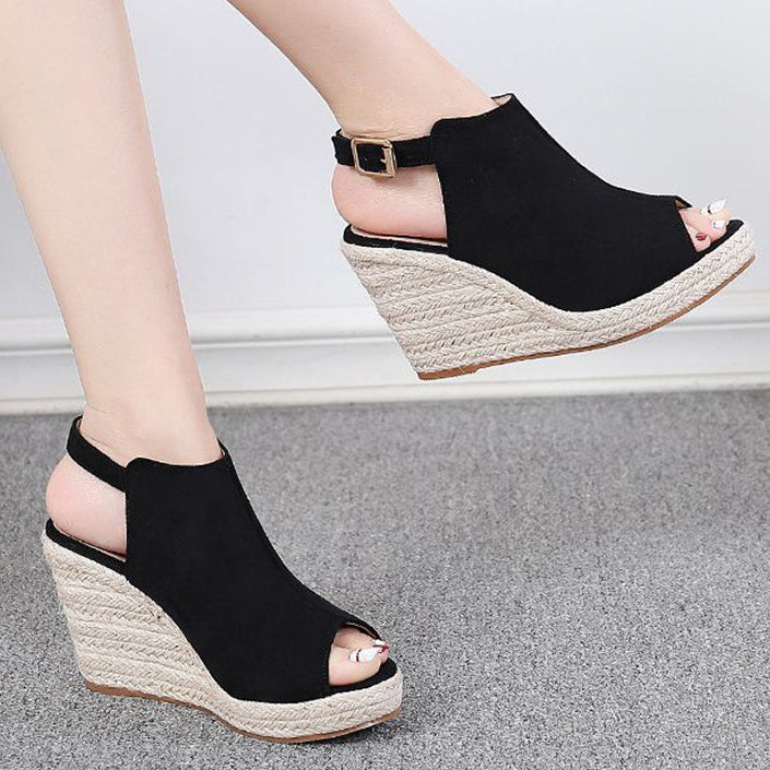 Chic Peep-Toe Wedge Sandals for Women – Adjustable Buckle Strap & Arch Support for Summer Outings