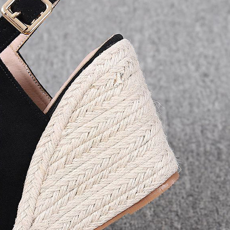 black Chic Peep-Toe Wedge Sandals for Women – Adjustable Buckle Strap & Arch Support for Summer Outings