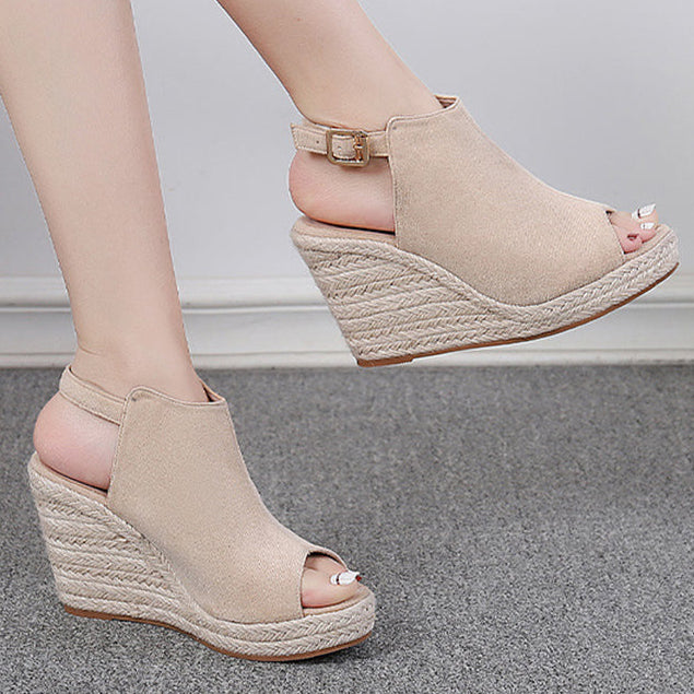 Chic Peep-Toe Wedge Sandals for Women – Adjustable Buckle Strap & Arch Support for Summer Outings